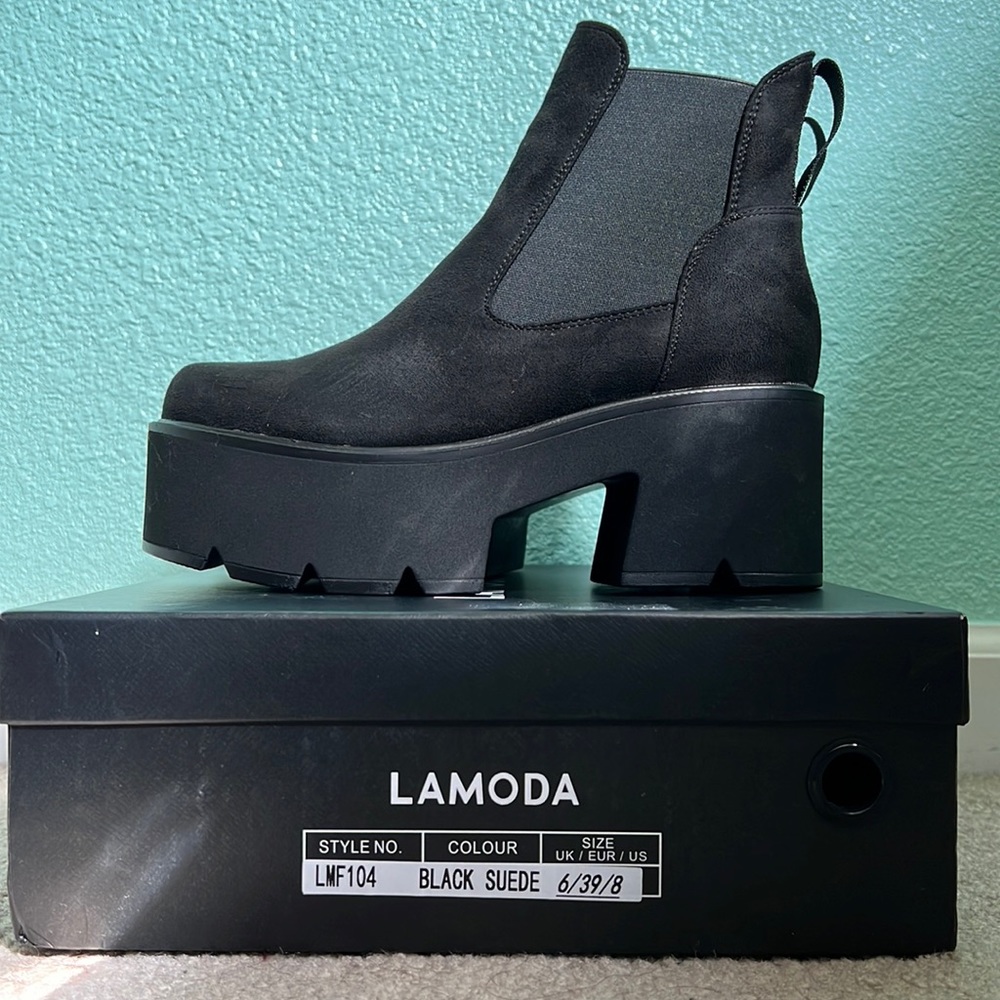 LAMODA TOUGH LOVE BLACK FAUX SUEDE CHUNKY ELASTIC PLATFORMS